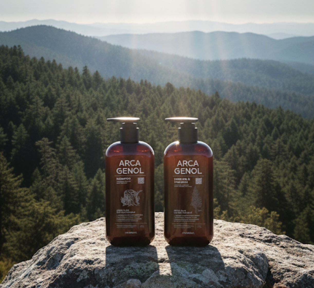 Two bottles of Arca Genol on a rock with a forest and mountain background