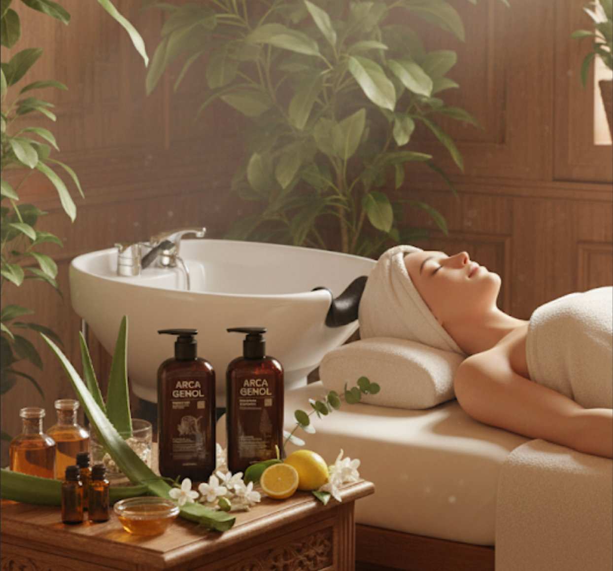 Woman relaxing in a spa with Arca Genol products on a table.